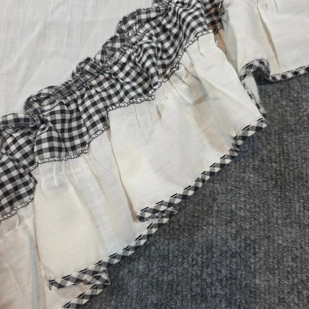 Set Black White Check Cotton Ruffled Swag Valance Gingham Farmhouse Vtg Curtain